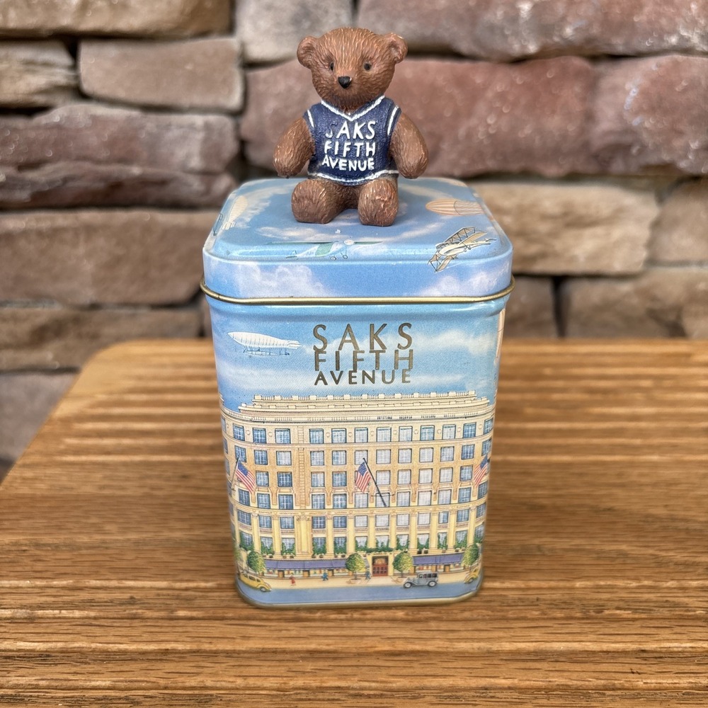 Vintage Saks Fifth Avenue Blue Tin Teddy Bear Blue Vest 4" W/ Bear 2.8 "W